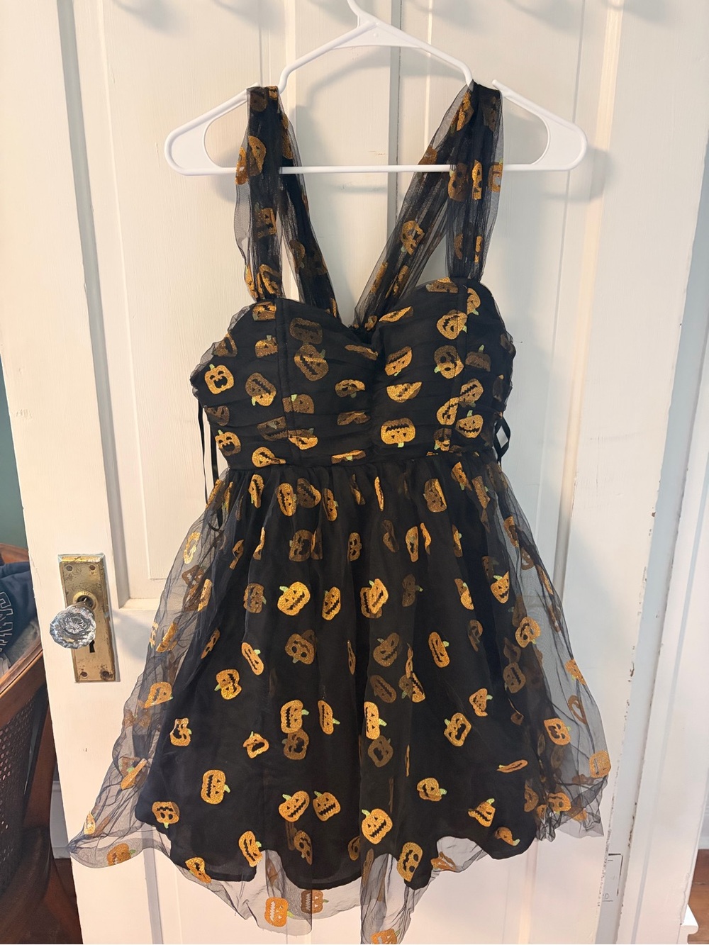 Unique Vintage Black and Gold Pumpkin Print Tulle Party Dress